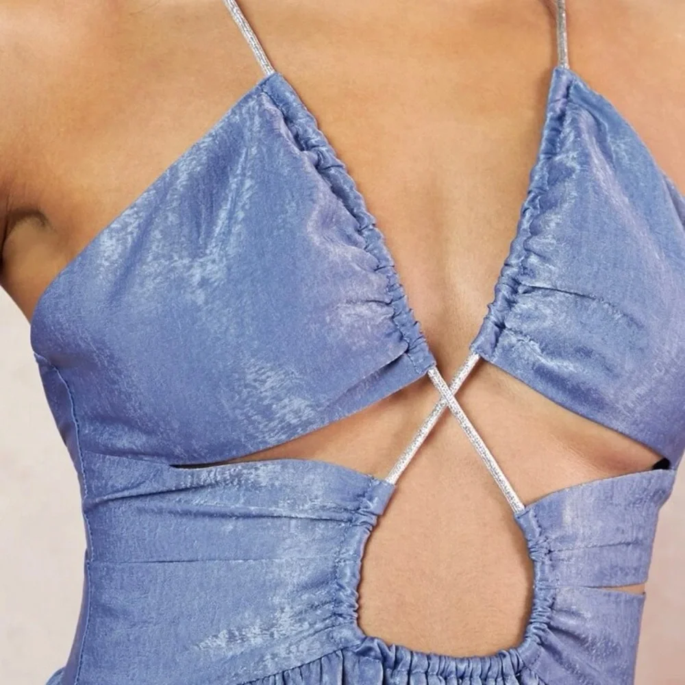 Blue Satin Slit Cut Out Dress - Picture 3 of 4